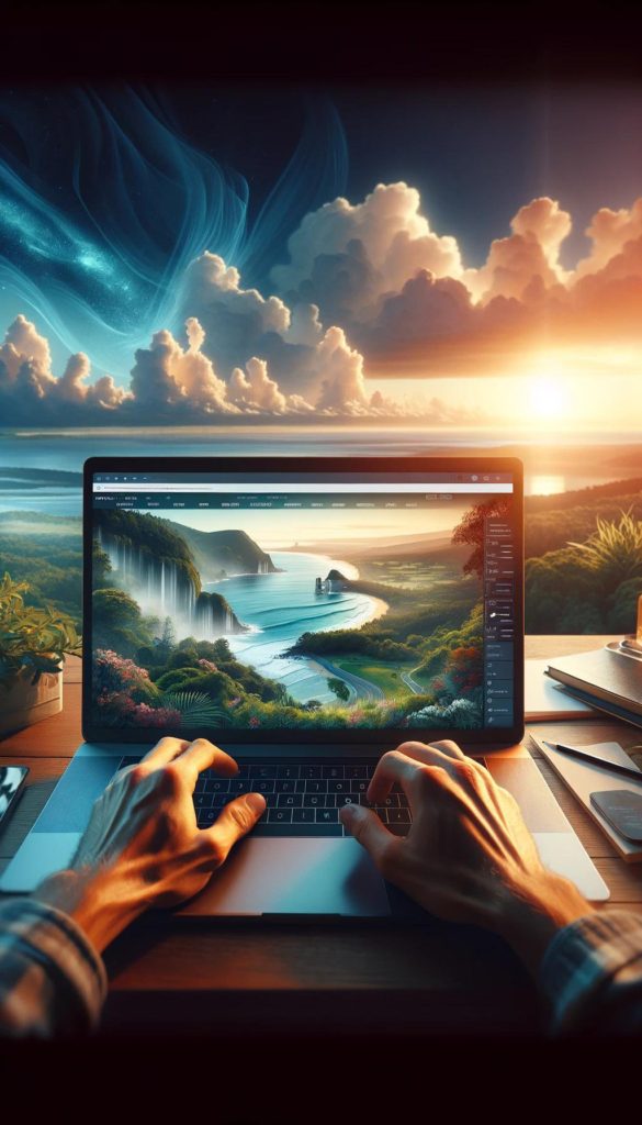 A stunning vertical image for a website's introduction section, showcasing a scenic view of Byron Bay, with lush greenery and the sparkling Pacific Ocean. In the foreground, a professional website designer is depicted working on a sleek, modern laptop. The screen displays an elegant web design interface, symbolizing creativity and technical expertise. The atmosphere is inspiring and serene, reflecting the artistic and innovative spirit of web design in this region. The image blends natural beauty with digital innovation, perfectly representing the essence of web design services in Byron Bay and Ballina.