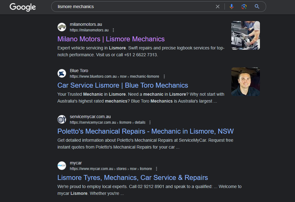 Milano Motors Lismore Mechanics SEO Results, Lismore Mechanic Web Design, Big J Web Design